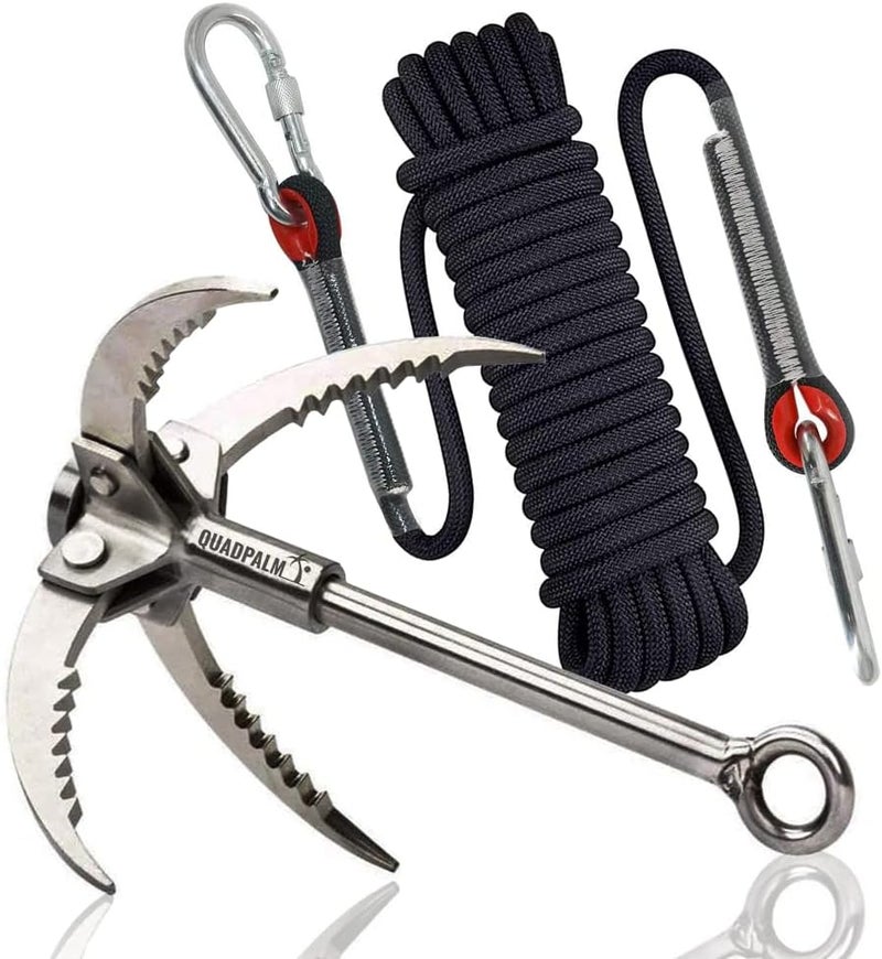 QUADPALM Grappling Hook with 10m Rope – Multifunctional Grapple Hook - 4 Stainless Steel Folding Claws - Heavy Duty - Outdoor Camping Hiking Tree Rock Mountain Climbing Equipment - Image 1